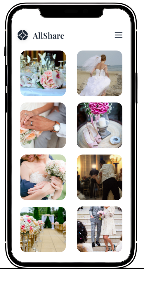Phone screen showing a wedding photo gallery in AllShare, with guest photos of the couple, flowers, rings, and the ceremony