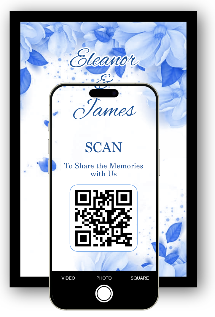 Wedding guest scanning a QR code sign to open the AllShare photo upload page