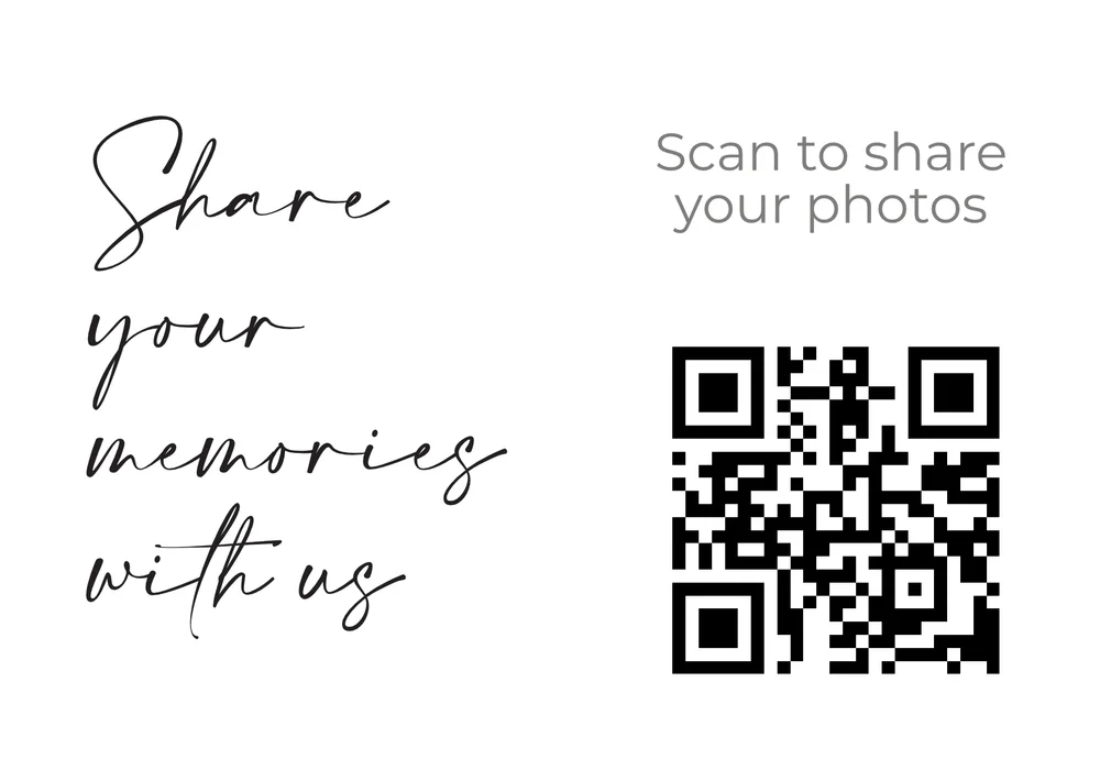 Wedding table card with handwritten style wording and a QR code to share photos, on a plain white background
