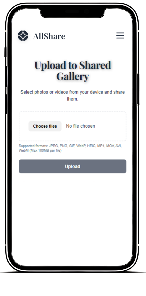 AllShare upload screen showing a guest choosing photos to upload to the shared gallery